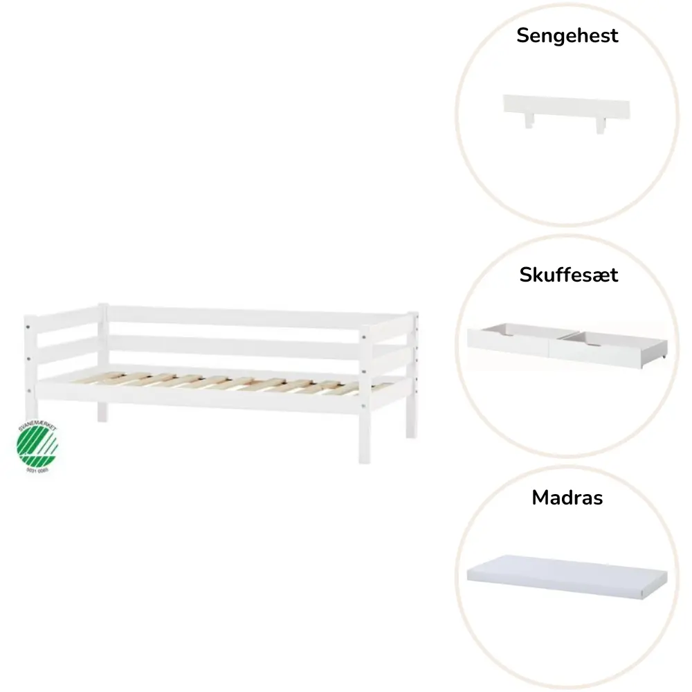 ECO Comfort Juniorseng hvid, med sengehest, skuffesæt og madras
