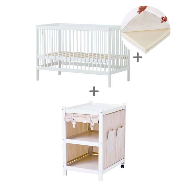 Hoppekids IDA-MARIE Bundle - Babyseng m. Hørmadras og IDA-MARIE Puslebord m. Forhæng - Sand