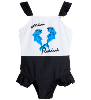 Mini Rodini Badedragt - Dolphins Sp Frill - Hvid/Sort