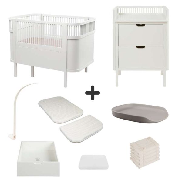 Sebra Sengen og Puslebordet m. Tilbehør - Classic White - Deluxe Bundle 1