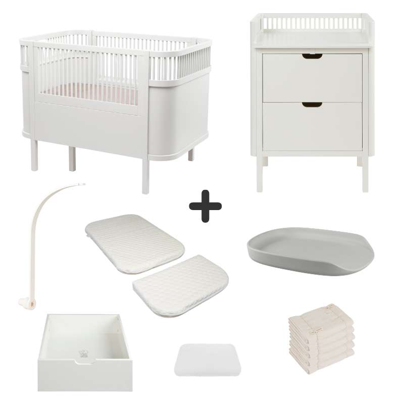 Sebra Sengen og Puslebordet m. Tilbehør - Classic White - Deluxe Bundle 3