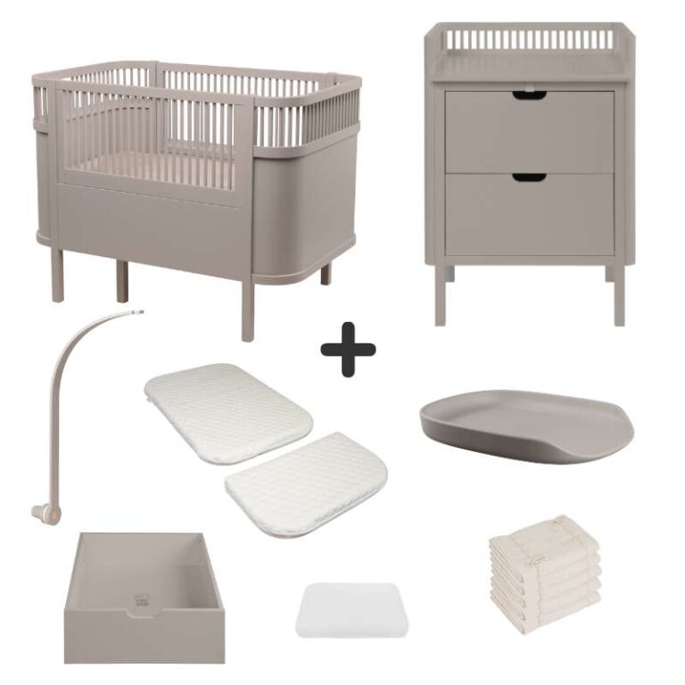 Sebra Sengen og Puslebordet m. Tilbehør - Jetty Beige - Deluxe Bundle 1