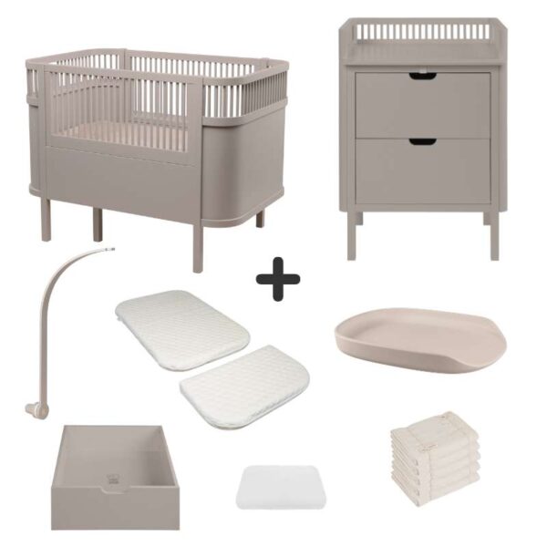 Sebra Sengen og Puslebordet m. Tilbehør - Jetty Beige - Deluxe Bundle 3