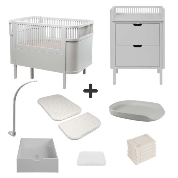 Sebra Sengen og Puslebordet m. Tilbehør - Stone Grey - Deluxe Bundle 1